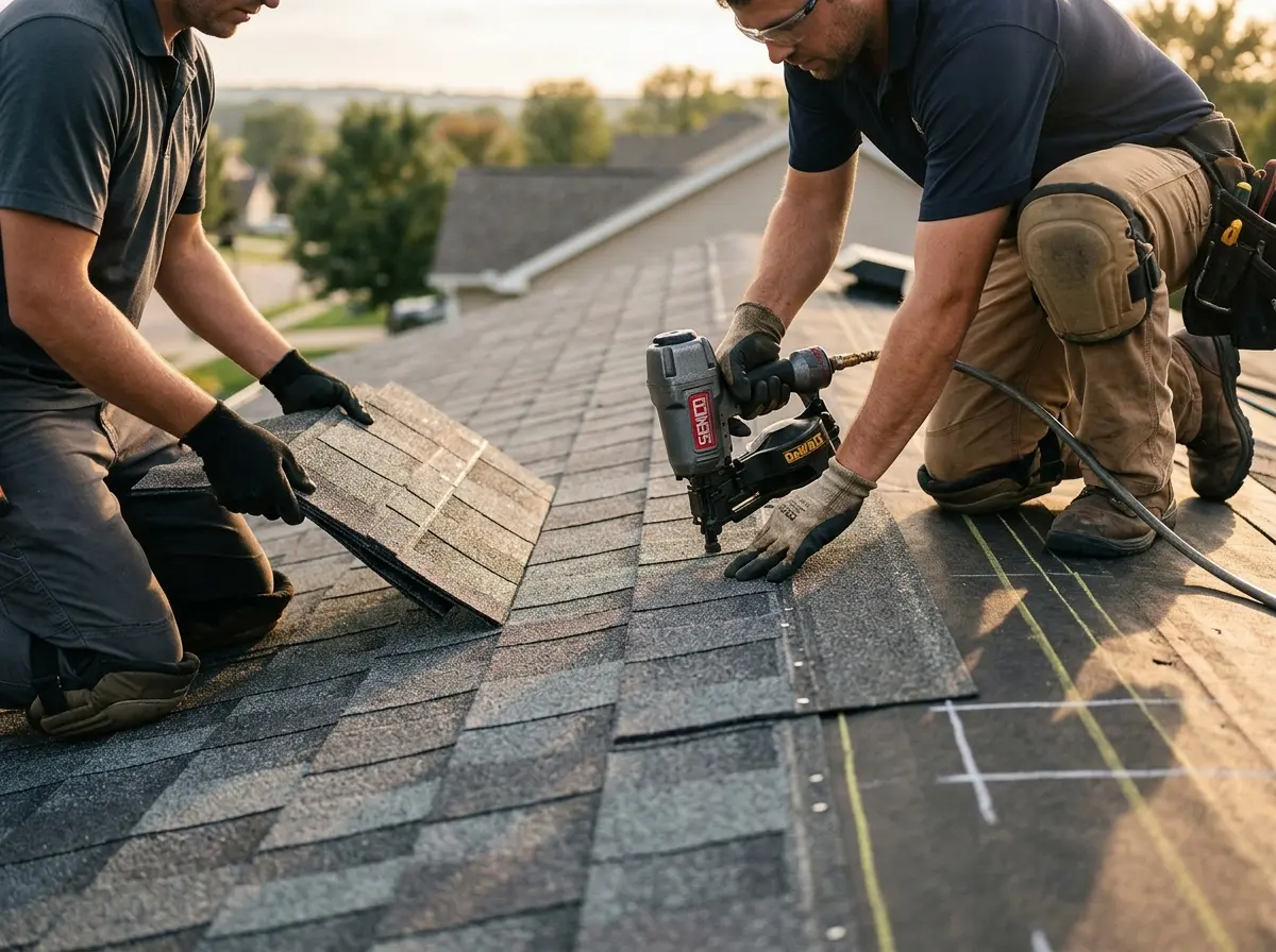 Professional roofer working on a residential roof in Arab